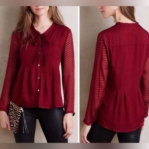 Anthro Meadow Rue burgundy silk blend Swiss dot top, small